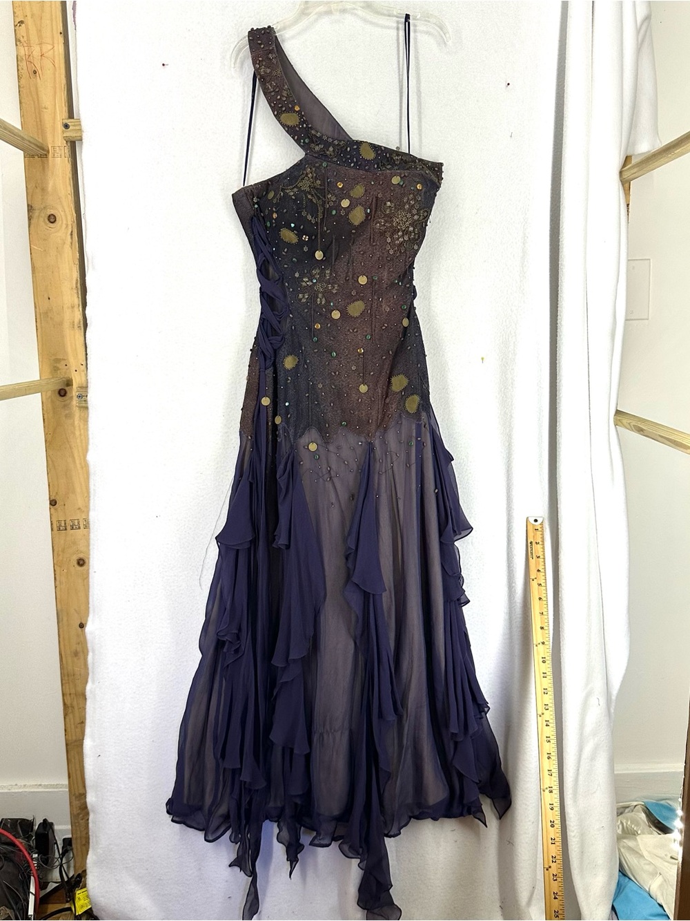 Orna Farho 100% Silk One Shoulder Embellished Formal Gown EU 44 Y2K